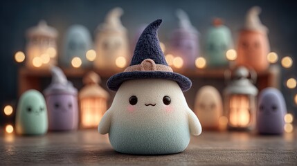 Cute cartoon halloween ghost wearing a witch hat surrounded by bokeh lights and lanterns