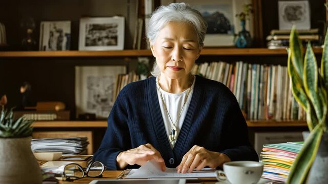 女性が在宅の書斎で熟考し頭を押さえる