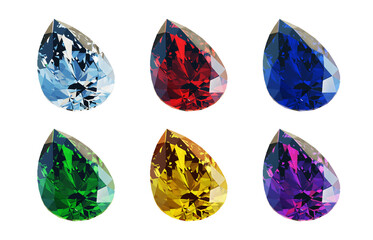 斜めから見たペアシェイプカットの色違いの宝石のCGイラスト。カラフルで鮮かな6色の推しカラーのダイヤンド
