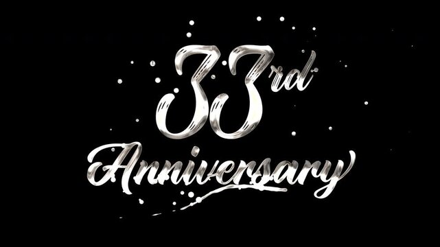 33rd anniversary text animation in silver metallic effect. suitable for celebrating special occasions, invitations, anniversary cards and social media. Includes alpha channel for any background.