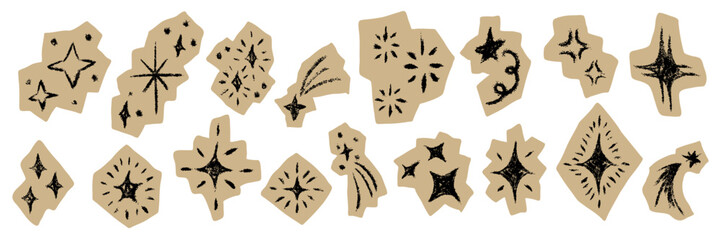 Grunge chalk hand drawn star and sparkle sticker set. Textured doodle celestial elements with rough edges. Cutout paper scrapbook sketch decoration in crayon modern style. Isolated vector illustration