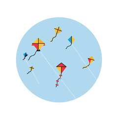 Six colorful kites soaring against a light blue backdrop ideal for summerthemed designs, childrens products, or outdoor recreation graphics.