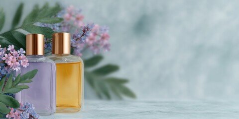 Two perfume bottles with a floral background