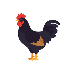 Cartoonstyle rooster suitable for farmthemed designs. Bold colors and playful design perfect for childrens books, cards, and educational materials.