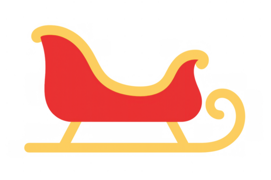 Red and yellow christmas sleigh vector icon on a transparent background, perfect for winter holidays, santa claus, and gift delivery themes