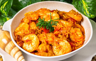 A dish of Spanish shrimp paella showing the distinct yellow saffron rice