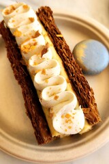 French dessert mille-feuille with vanilla cream and macaron