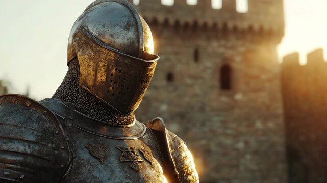 Detailed medieval knight in shining armor standing near stone castle under sunlight representing courage, honor, and timeless strength of ancient warriors and the beauty of historical craftsmanship