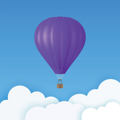 Obraz premium Vector Travel Banner with 3d Realistic Purple Hot Air Balloon Icon on a Blue Sky Background. Design Template, Summer Vacation, Travelling, Tourism and Journey Concept