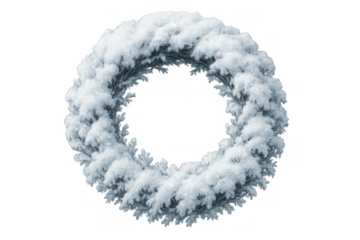 Winter wreath covered in fresh snow and ice, creating a festive holiday and christmas season mood on transparent background