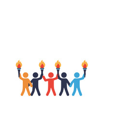 Diverse figures celebrate with torches. Suitable for unity, diversity, celebration, activism, empowerment, festivals, and events design concepts.