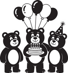 Three black bears celebrating a birthday with a cake and balloons celebration