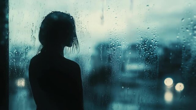 A woman stands alone in front of a rain-covered window, illuminated by distant lights, embodying cinematic solitude and reflective emotion that capture the beauty and mystery of rainy urban evenings