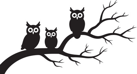 Three black owls perched on a bare tree branch silhouette against a white background bird