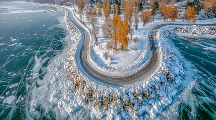 Aerial View of Snowy Winter Landscape with Frozen Lake and Curve