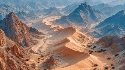 Majestic Desert Landscape with Towering Sand Dunes and Rugged Mo