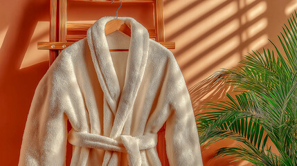 Cozy White Bathrobe Hanging in Sunlit Room with Tropical Plant a