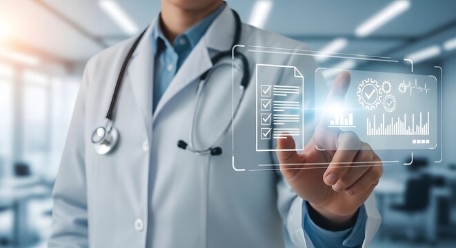 Doctor interacting with futuristic medical data interface