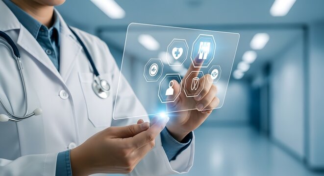 Doctor touching icons on a futuristic medical display