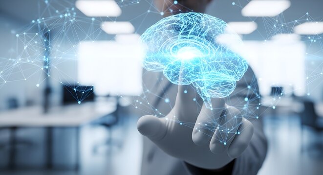 Doctor touching a holographic brain model with digital network overlay - Powered by Adobe