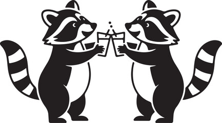 Two black raccoons standing and toasting with glasses of liquid with bubbles animal wildlife