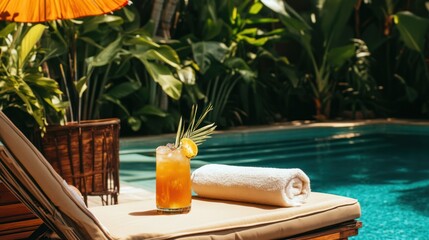 Iced orange cocktail and rolled towel on a sun lounger by a sparkling blue swimming pool in a tropical resort setting on a sunny day.