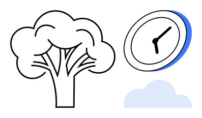 Abstract tree, wall clock, and cloud blend nature, time, and sustainability. Ideal for eco-consciousness, environmental care, time management growth balance future mindfulness. Simple flat