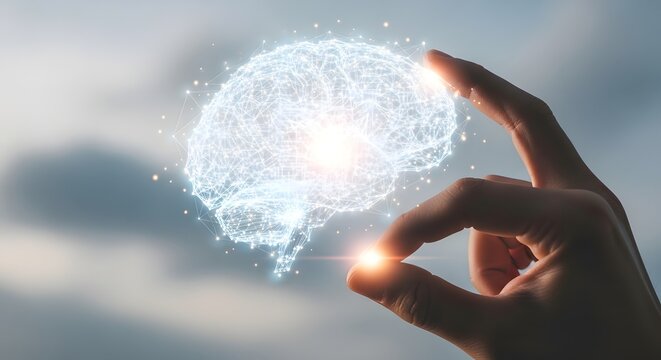Digital brain held in hand with glowing particles and clouds - Powered by Adobe