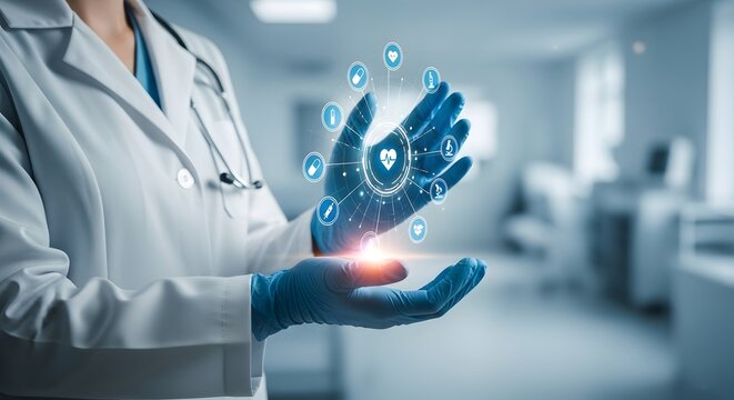 Doctor holding glowing medical icons in gloved hands