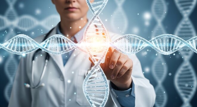 Doctor touching a glowing dna helix in a futuristic medical setting