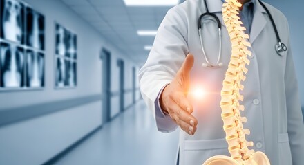 Doctor showing human spine model with hand outstretched in hospital hallway