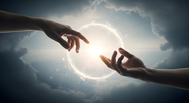Two hands reaching for each other with a bright light in the center