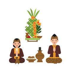 Javanese people with offerings for special event, traditional culture, religious ceremonies, diversity, cultural celebrations, indonesian traditions, group of people, traditional attire.