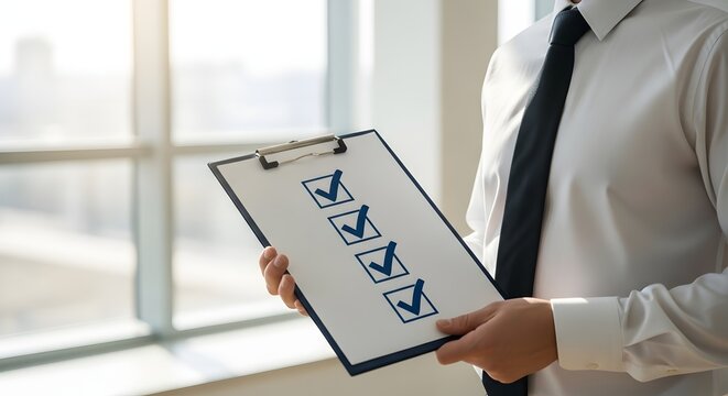 Businessman holding a clipboard with completed checklist - Powered by Adobe