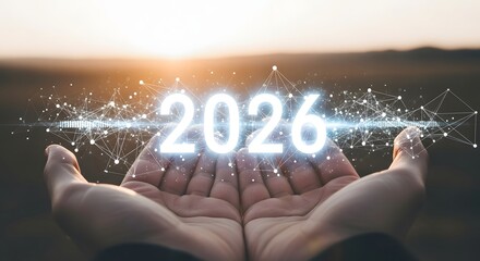 Hands holding the year 2026 with digital connections