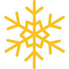 Stylized yellow snowflake icon on transparent background representing winter season and cold weather with geometric symmetry and sharp edges