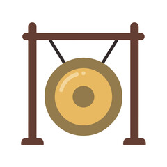 Traditional tan gong hanging on dark brown wooden stand, perfect for music or asian culture themed designs. Rich cultural element.