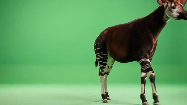 An okapi stands gracefully against a vibrant green backdrop, showcasing its unique markings.