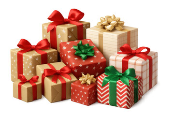 Obraz premium Gifts in red, green, and gold wrapping paper with decorative bows, creating a festive arrangement. Transparent background