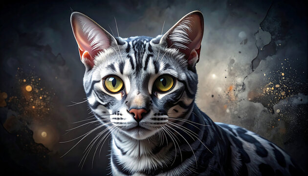 A stunning portrait of a silver Bengal cat with yellow eyes against a dark, artistic background.