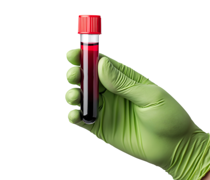 Gloved Hand Holding Blood Sample Tube isolated on transparent background - Powered by Adobe