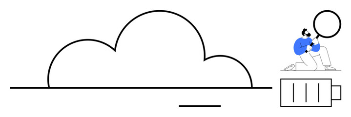 Cloud shape with horizontal line suggesting storage, user in blue managing files, low battery icon. Ideal for technology, data, cloud computing, storage, energy, productivity simple flat metaphor