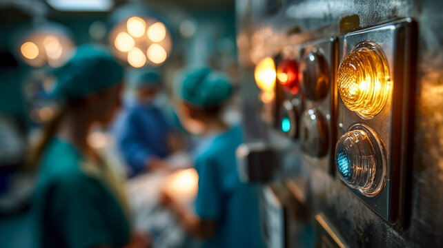 The image shows a panel with illuminated indicator lights and medical staff in a surgical theater, ready for an operation.