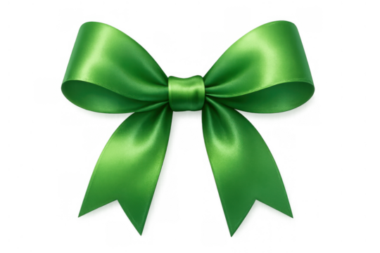 Green satin ribbon bow adding a festive touch to presents and decorations. Isolated on a transparent background for easy use