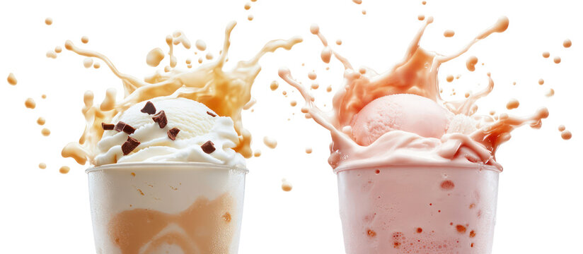 Milkshake splash and ice cream float splash side by side overhead on transparent background
