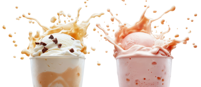 Milkshake splash and ice cream float splash side by side overhead on transparent background