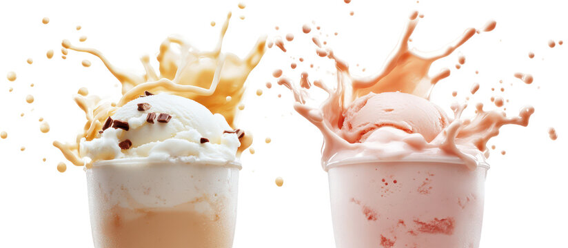 Milkshake splash and ice cream float splash side by side overhead on transparent background