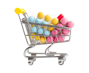Shopping for Health: Colorful Pills in a Miniature Cart isolated on transparent background