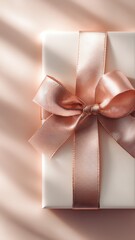 elegant white gift box wrapped with silky soft pink ribbon on pale pink peach background, top view, light and shadows, premium holiday branding, luxury product launches, festive marketing campaign.