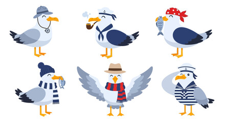 Obraz premium Six cartoon seagulls dressed in nautical themed clothing and accessories, including hats, scarves, and a pipe, some holding fish.
